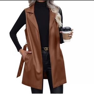 Andrew Marc New York Cognac Faux Leather Sleeveless Trench Vest Womens M belted